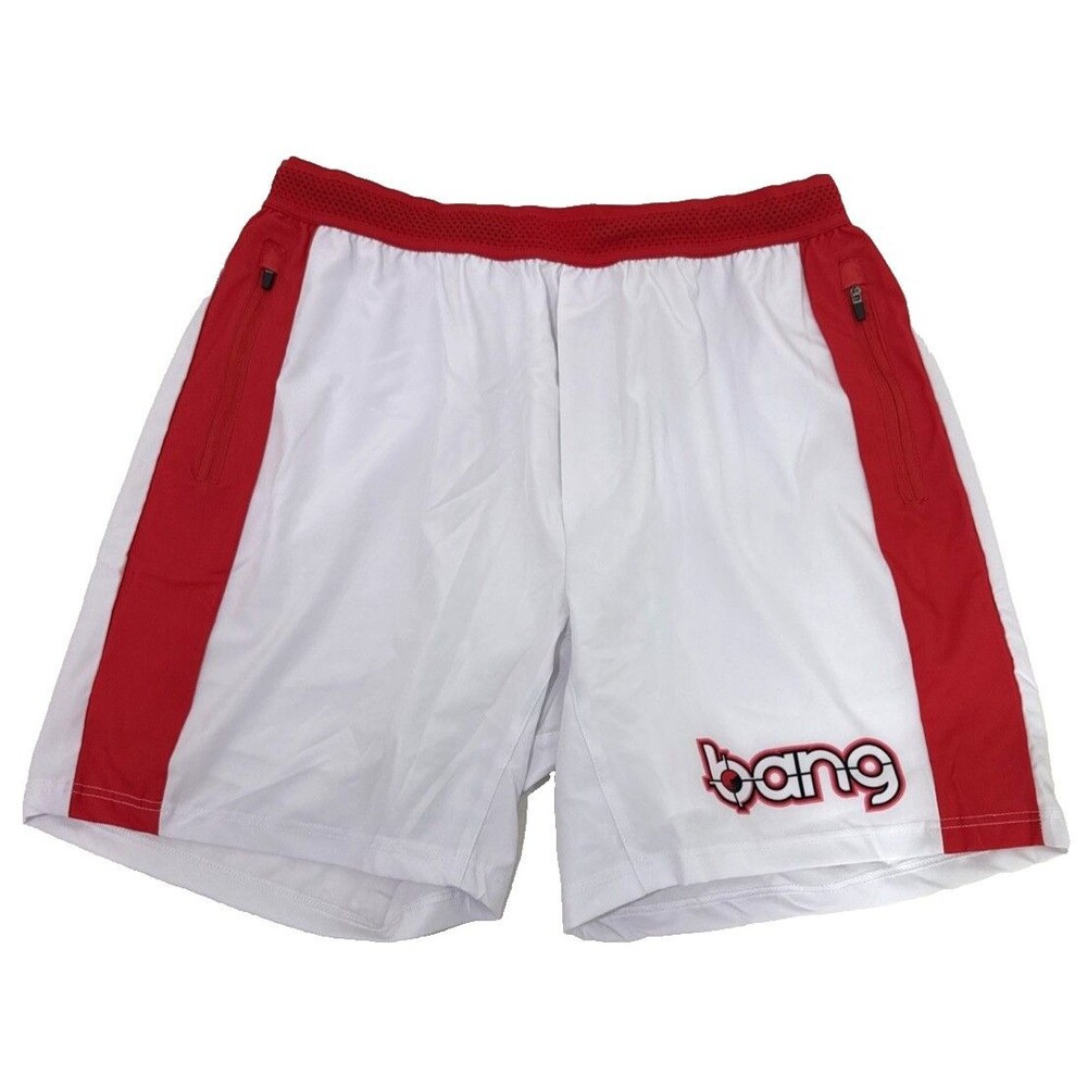 Bang Energy Drink Shorts White Red Running Elastic Waist Zip Pockets Mens XL